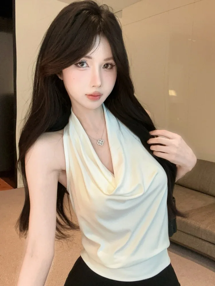

Sexy Summer Short Sleeve Crop Top Women's Pure Desire Style Knot Backless Vest Fashion Citywalk Trendy Spicy Girl Style Vest