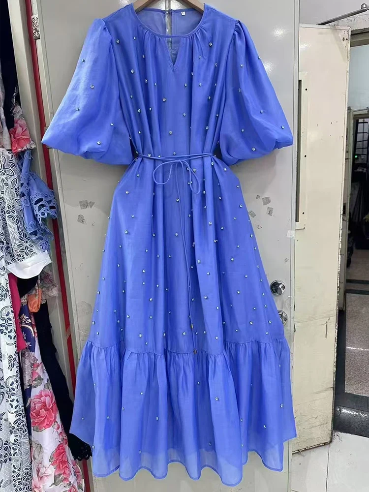 

Heavy industry hand beaded round neck bubble short sleeve loose dress summer new lace waist temperament big swing A-shaped dress