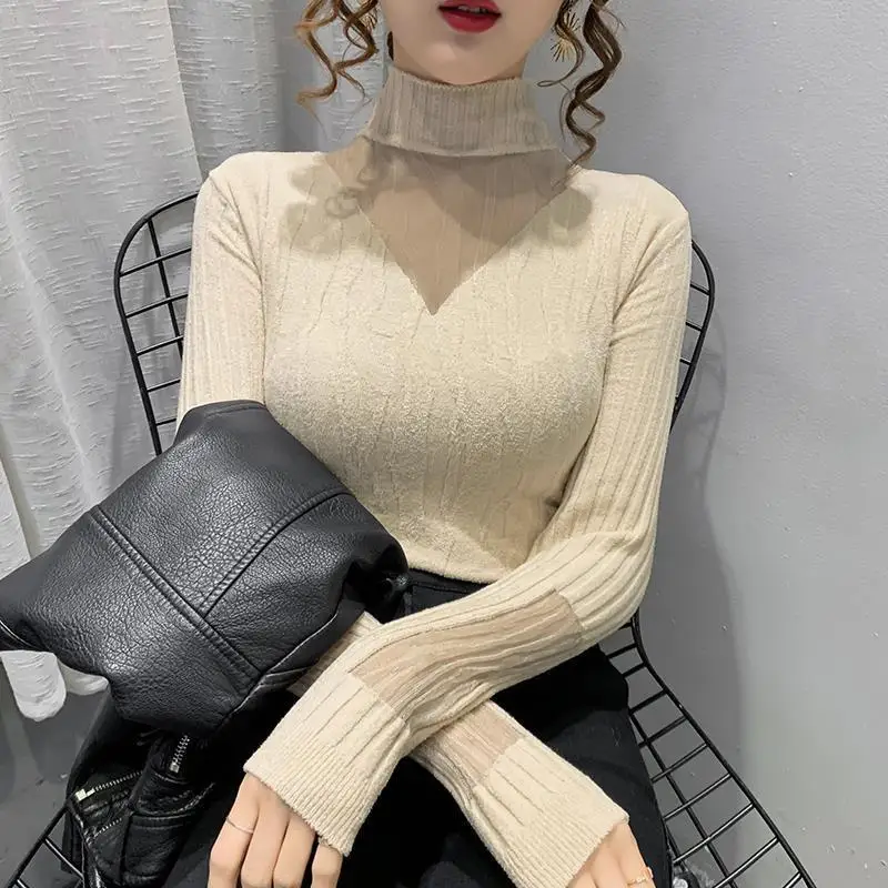 2023 Autumn/Winter New Half High Collar Long Sleeve Lace Bottom Sweater Slim Elasticity Bottoming Leisure Women\'s Knit Sweater