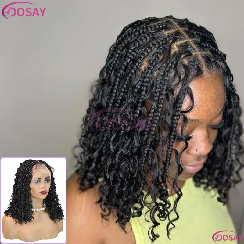 

Короткие плетеные парики в стиле бохо для чернокожих женщин, 12 дюймов, синтетический парик, полный парик шнурка, африканские косички, кружевные парики