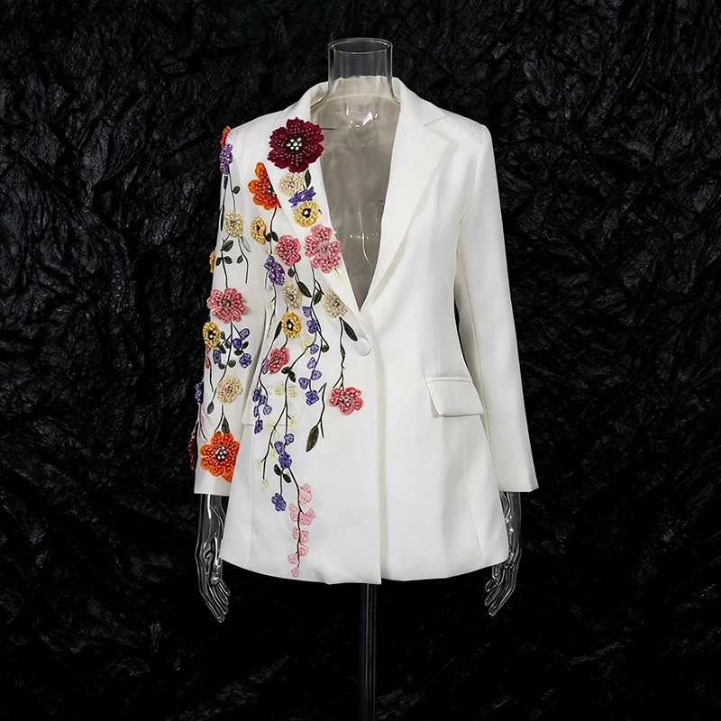 American Style Fashion Commuter Suits Jackets 3D Floral Embroidery Beaded Single Button Slim Fit Elegant Women's Blazers Autumn