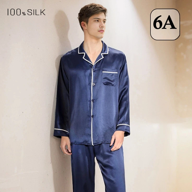 Spring Summer New Mens 19 Momme 100% Mulberry Silk Pajamas Set Big Size Wearable Outside Loungewear Sleepwear Home Wear