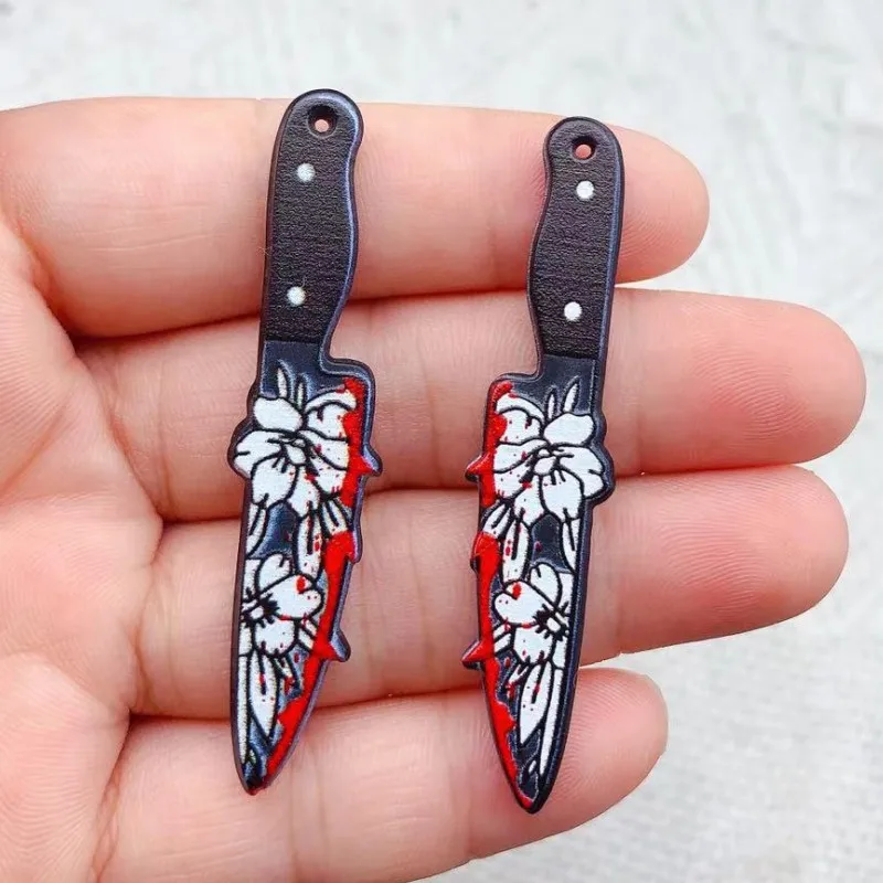 Double-Sided Gothic Black Flower Dagger Acrylic Charms, 10pcs