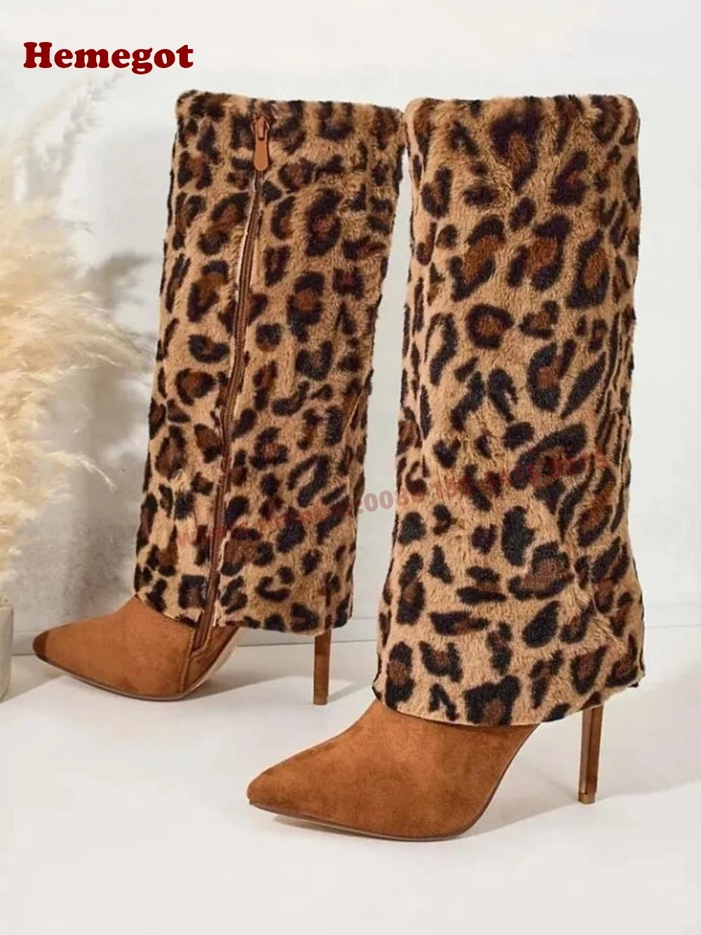 

Женские сапоги-ботфорты из леопардовой замши с откидным острым носком на шпильке, 2026, с боковой молнией, повседневные, класса люкс