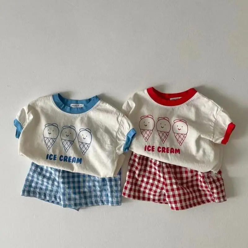 

2023 Summer New Baby Cute Ice Cream Print Clothes Set Baby Short Sleeve T Shirts + Shorts 2pcs Set Cotton Casual Boys Girls Suit