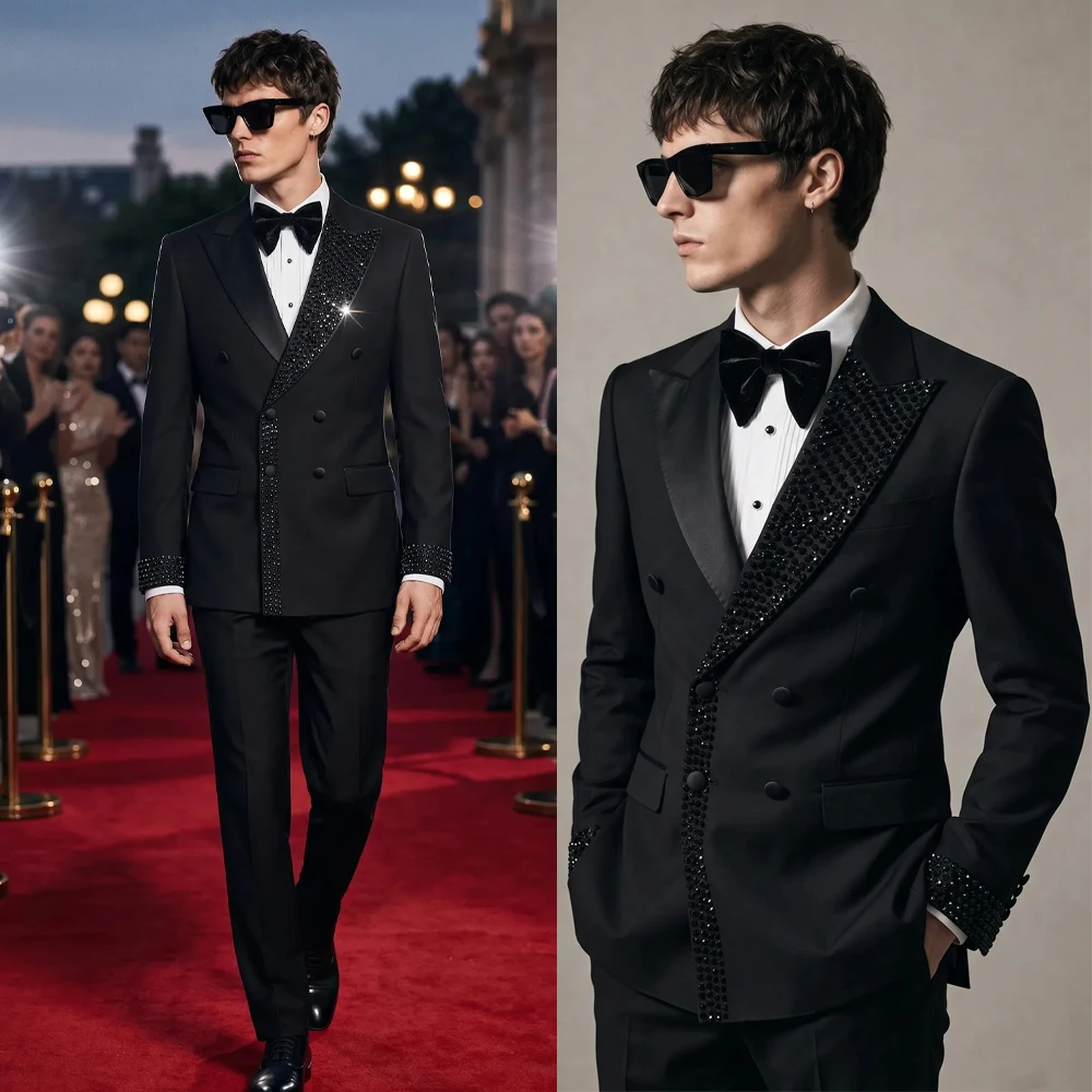 Luxurious Men Formal Suits Beaded Peaked Lapel Double Breasted Slim Fit Banquet Set Groom Wedding Wear 2 Piece Custom Made