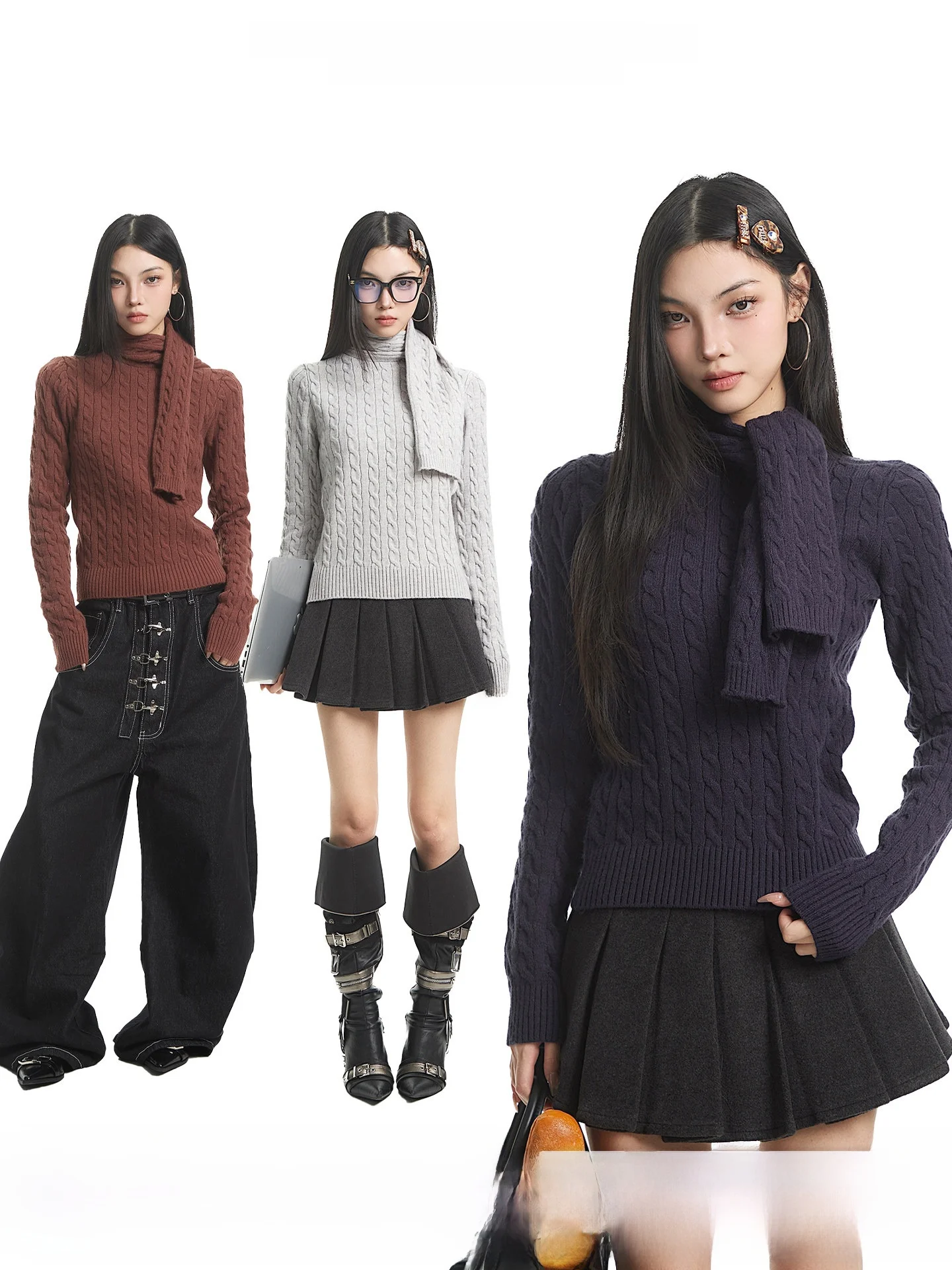 

UNCMHISEX American Retro High Collar Twist Knitwear Women's Autumn Winter Belted Waist Slimming Warm Sweater