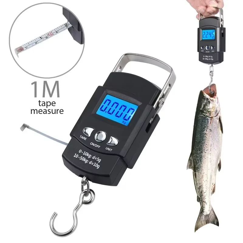 50kg/10g Portable LCD Electronic Hand Scale Travel Hanging Scale With 100cm Long Retractable Measuring Tape Weigh Fish Vegetable