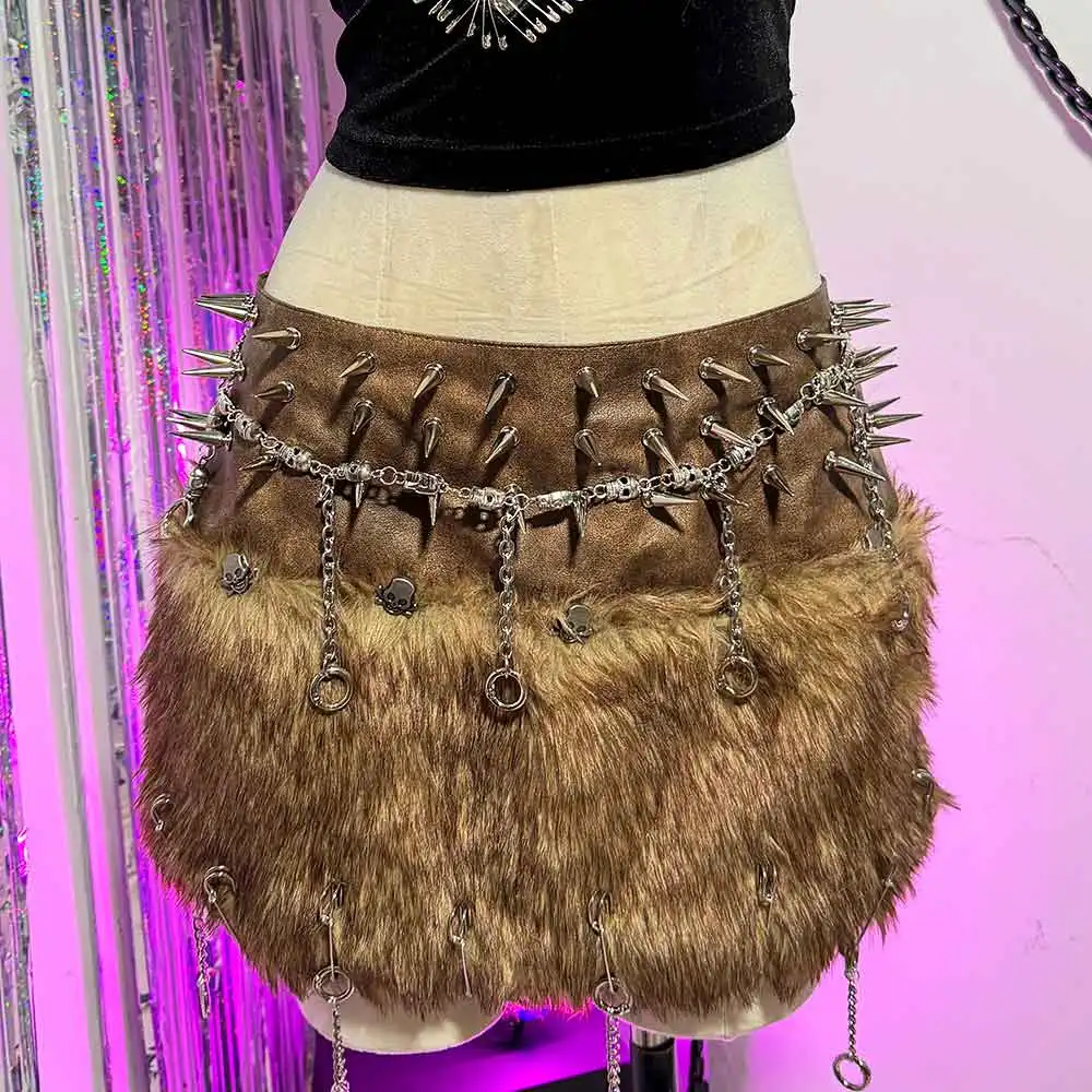 原宿系 カワイイ ティーン Y2K ヴィーガンレザー エモ スタッズ付き リベット エコ ゴス パンク ロック スタッズ付き ゴシック フェイクファー スカート グランジ ハンドメイド