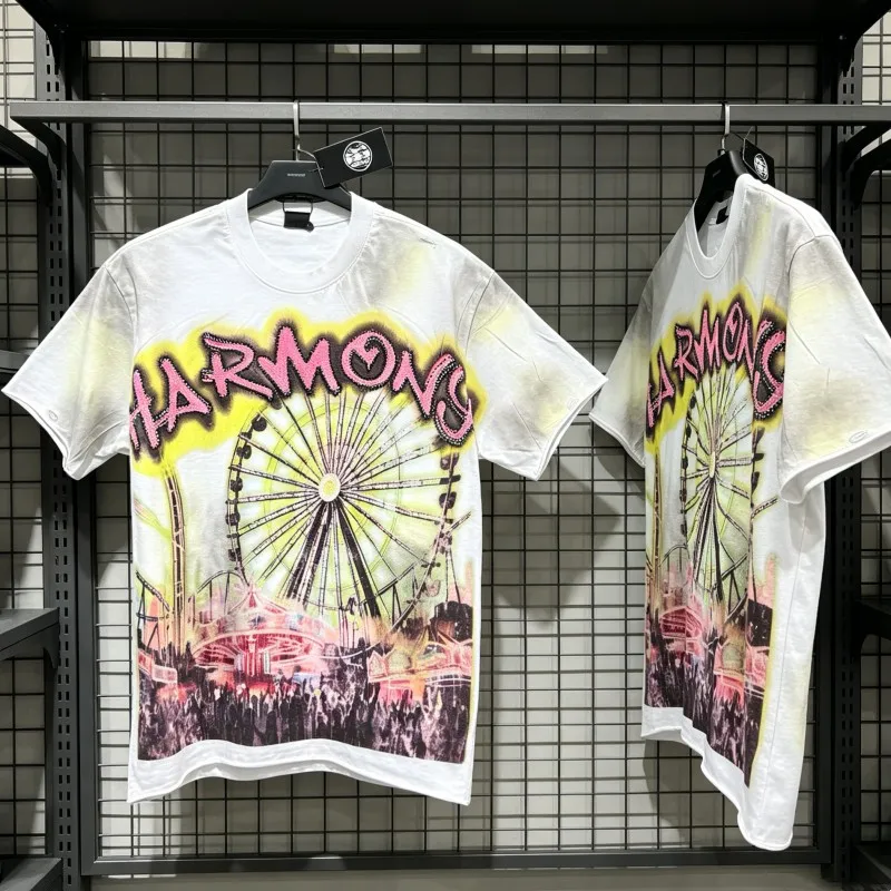 

White Vintage Distressed Cut Hole HARMONY Tshirts Hot Drill Letter Ferris Wheel Graffiti Print Summer Men Women Short Sleeve Tee