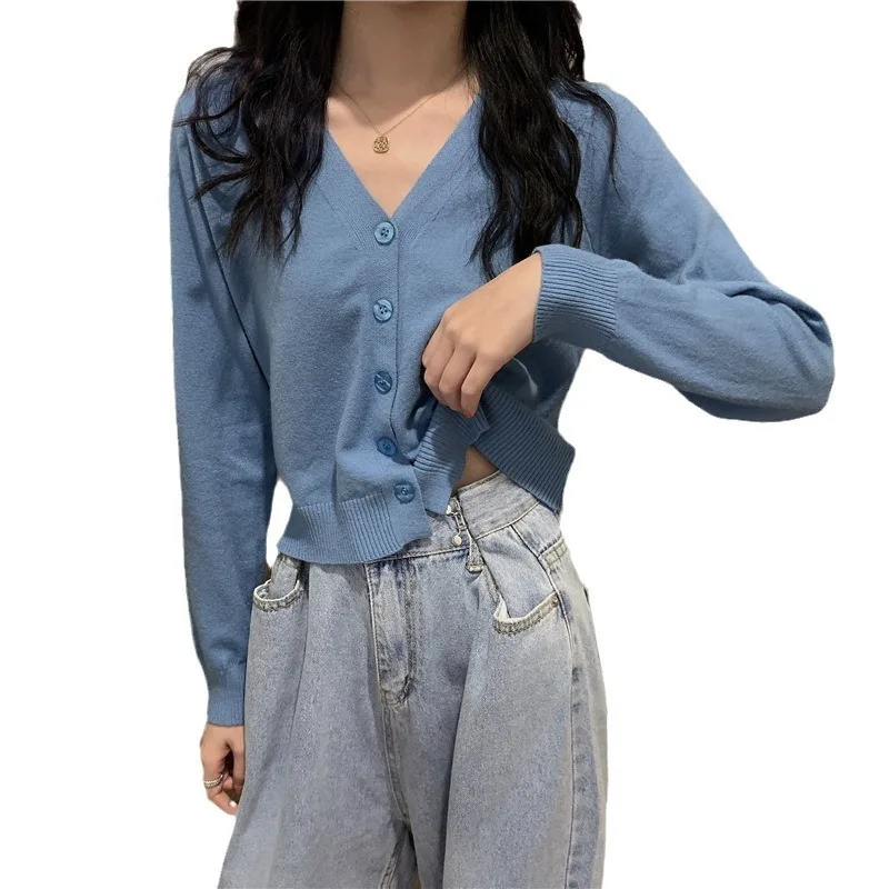 2025 Women Long Sleeve Sweater Cardigan Sexy V-Neck Button Down Cropped for Jacket Sweet Solid Candy Color Loose Knitted Coat