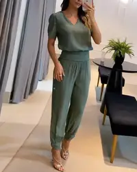 Casual Puff Sleeve Top & High Waist Cuffed Pants Set Polyester Plain V-Neck Design Daily 2023 Fashion Two Piece Outfits