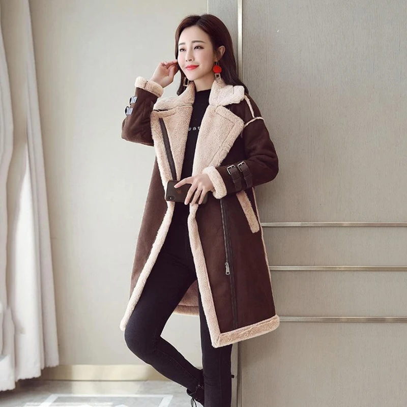 2024 Women\'s Winter Korean Plus Velvet Deerskin Velvet Fur One Lamb Fur Outwear Mid-Length Thick Cotton Coat Female