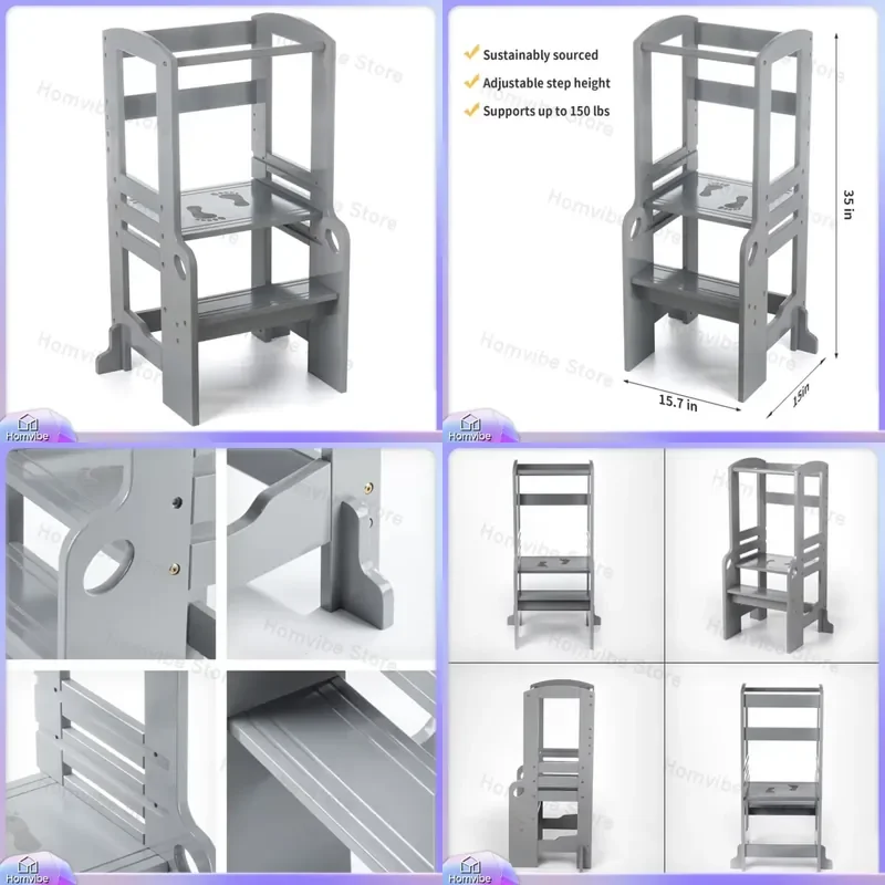 Adjustable Kids Step Stool Folding Learning Ladder Toddler Standing Tower Bathroom Hand Washing Assistant Gray Home Furniture