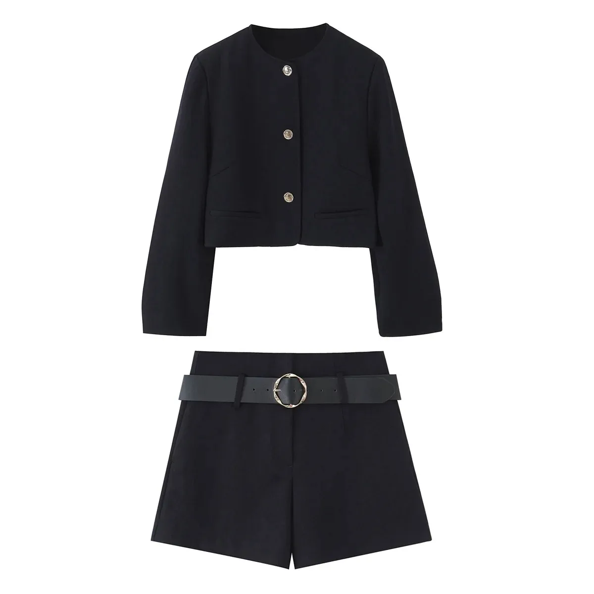 

HH Women Elegant Golden Single-breasted Long Sleeve Round Collar Short Blazer+Loose Pockets Wear Belt Shorts Solid Suit