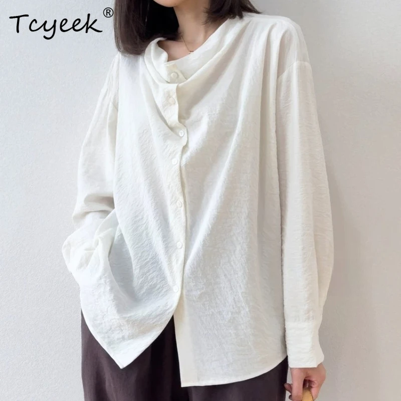 

Tcyeek 76% Real Silk Blouses for Women 2026 Spring Summer Slightly Wrinkled Casual White Shirts Ladies Clothing Roupas Femininas