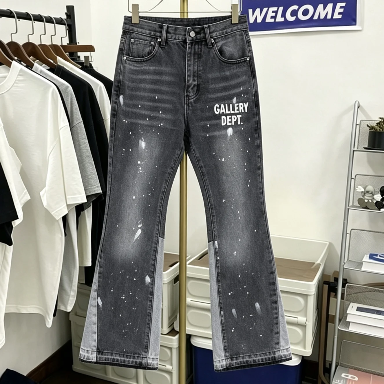 High Waist GD Splashed Ink Print Flared Jeans Color Block Frayed Hem High Street Long Trousers Men's Skin Friendly Breathable