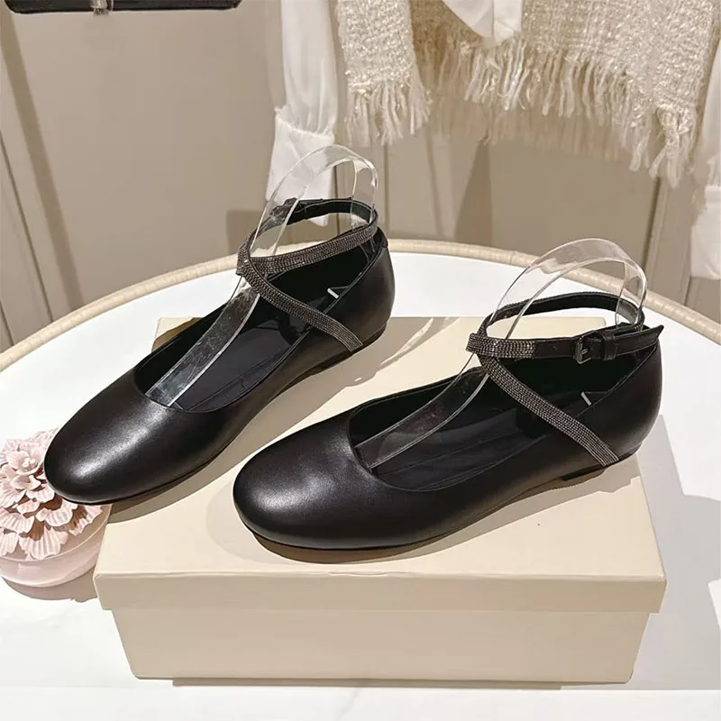 

Casual Flat Shoes Woman Round Toe String Beads Ankle Buckle Strap Ballet Shoes Genuine Leather Daily Lightweight Shoes Women