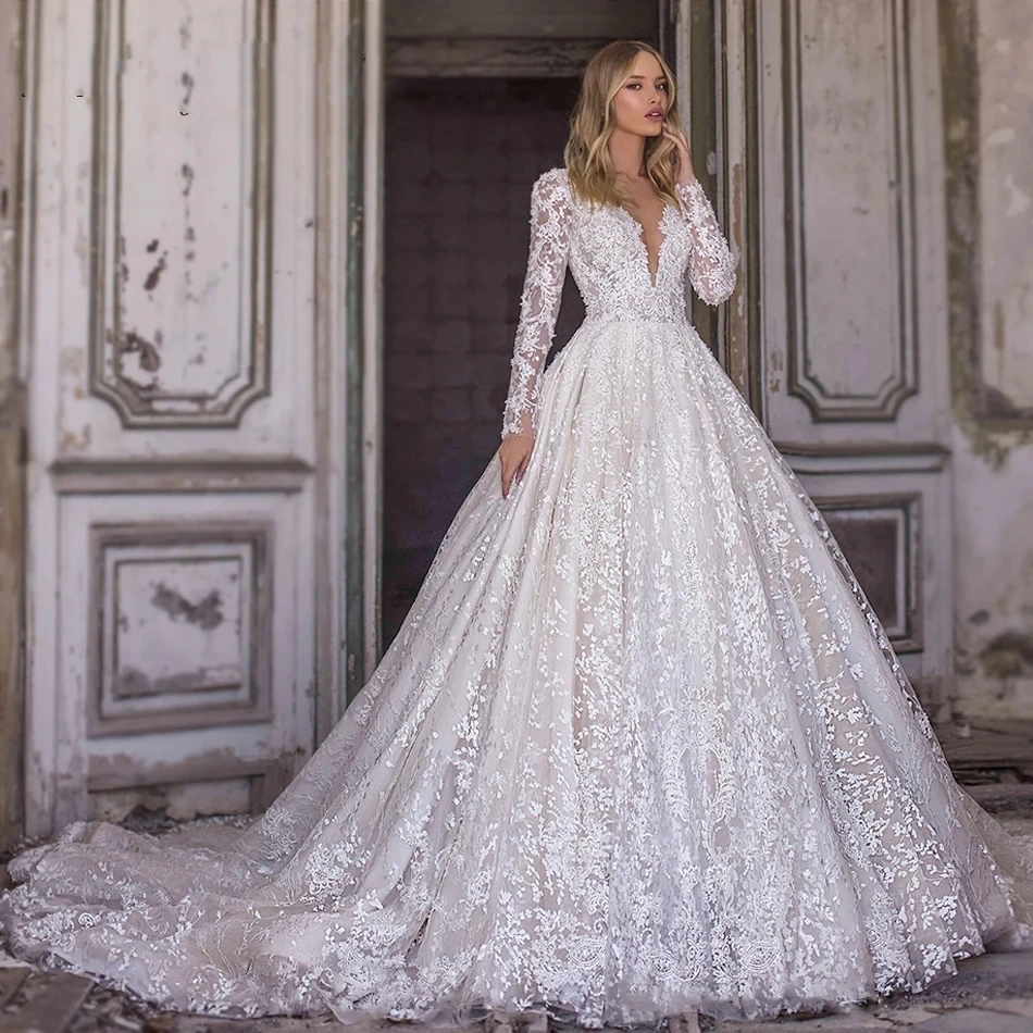 Customized Elegant Wedding Dresses For Women Long Sleeve Beaded Lace Appliques V-Neck Princess Wedding Gown Vestidos De Novia