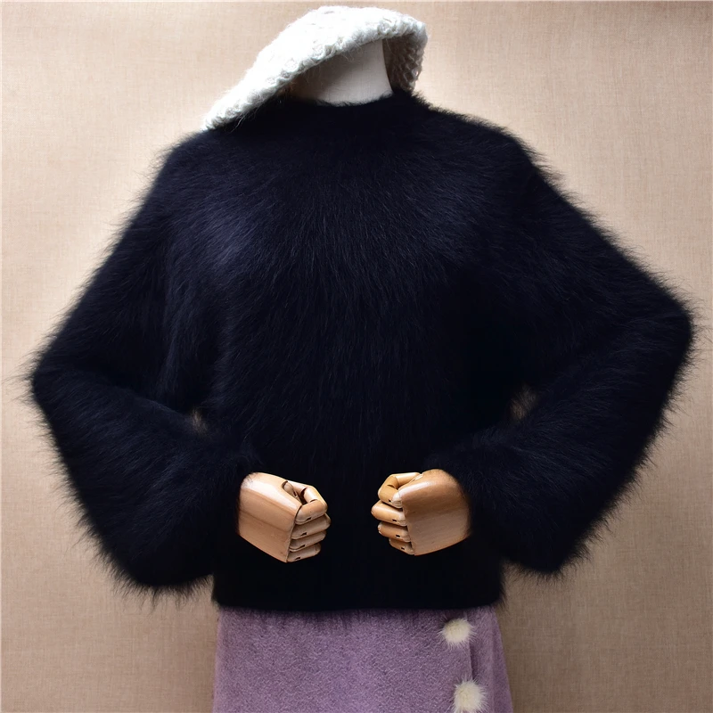 

Female Women Autumn Winter Hairy Black Mink Cashmere Knitted Jersey Turtleneck Long Lantern Sleeves Crop Top Loose Sweater Pull