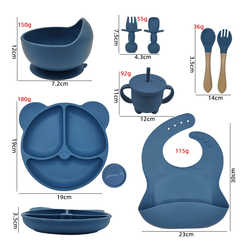 5/8P Baby Silicone Tableware Set Sucker Bowl Spoon Fork Feeding Cup Bib Divided Plate Infant Dishes Suction Children Dinnerware