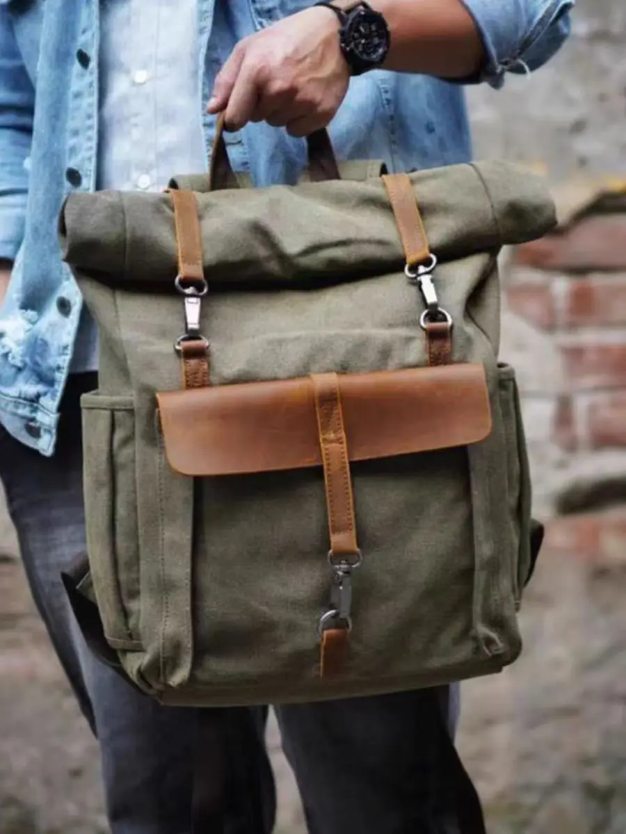 Vintage Men's Backpack Canvas with Head Cowhide Roll Top Expanded Outdoor Hiking Mountaineering rucksack