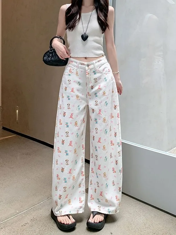 

Retro American Bear Cartoon Print Design Wide Leg Jeans Women's High Street Loose Slimming Denim Pants Casual High Waist