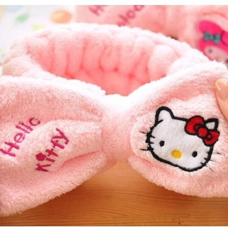 Hello Kitty-Diademas para el pelo para lavar la cara, diadema con lazo de lana Coral suave y cálida para mujeres y niñas, turbante, accesorios para