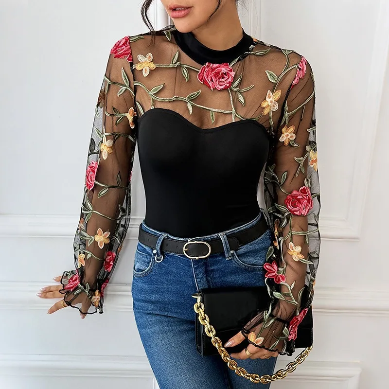 Women's Floral Embroidered Mesh Bodysuit with Half-High Collar, Long Sleeves, Sheer Ruffled Cuffs, and Slim Fit One-Piece Top