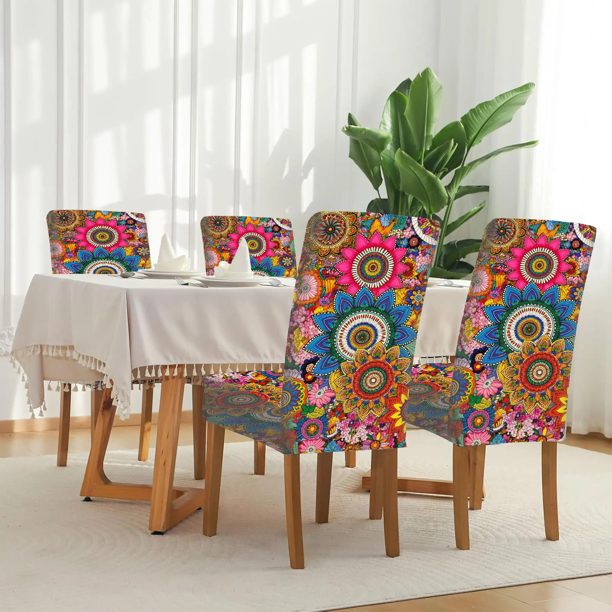 

Эластичный чехол для обеденного стула с красочным цветочным узором мандала, съемный, для домашнего использования