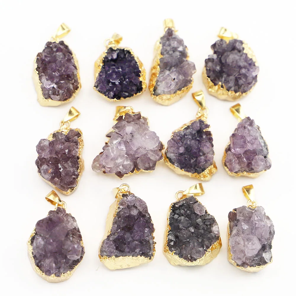 Natural Stone Raw Ore Amethyst Necklace Pendants Irregular Phnom Penh Quartz Quality Purple Crystal Jewelry Gift Wholesale 10Pcs