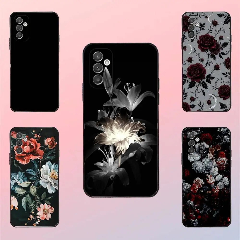

Black Flower Printed Phone Case For Samsung S 25,24,23,22,30,21,10,9,Ultra,Plus,Lite,FE,4,5 G Black Soft Case