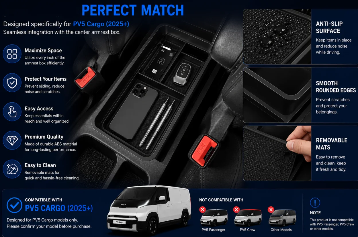 Doppelschichtige Aufbewahrungsbox für PV5 Cargo-Modelle für Kia Auto Mittelarmlehnen-Aufbewahrungsbox Mittelkonsolen-Organizer Aufbewahrungsbox – Detail 1
