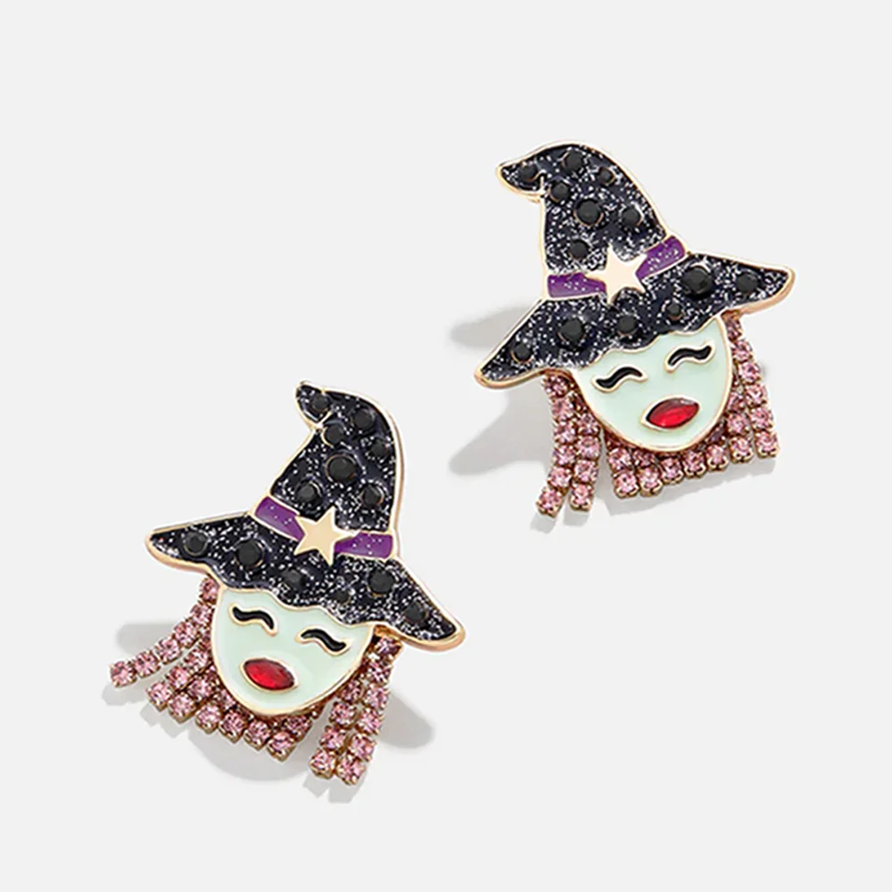 Catuni Witch Halloween Glow Stud Earrings Creative Jewelry for Woman Girl Sparkling Crystal Enamel Exquisite Accessories Gift