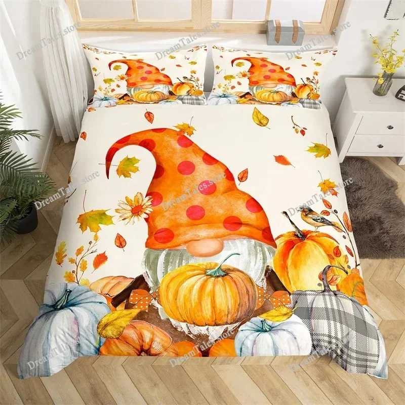 

Happy Thanksgiving Duvet Cover Fall Maple Leaf Bedding Set Microfiber Gnome Gold Pumpkin Farm Harvest Comforter Cover King Size7