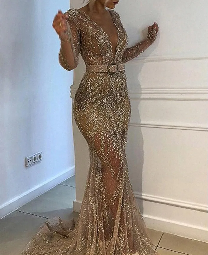 2021 New Style Women's Evening Full Dress Sexy Sequin Long Sleeve Full Dresses for Women Bridesmaid Dress