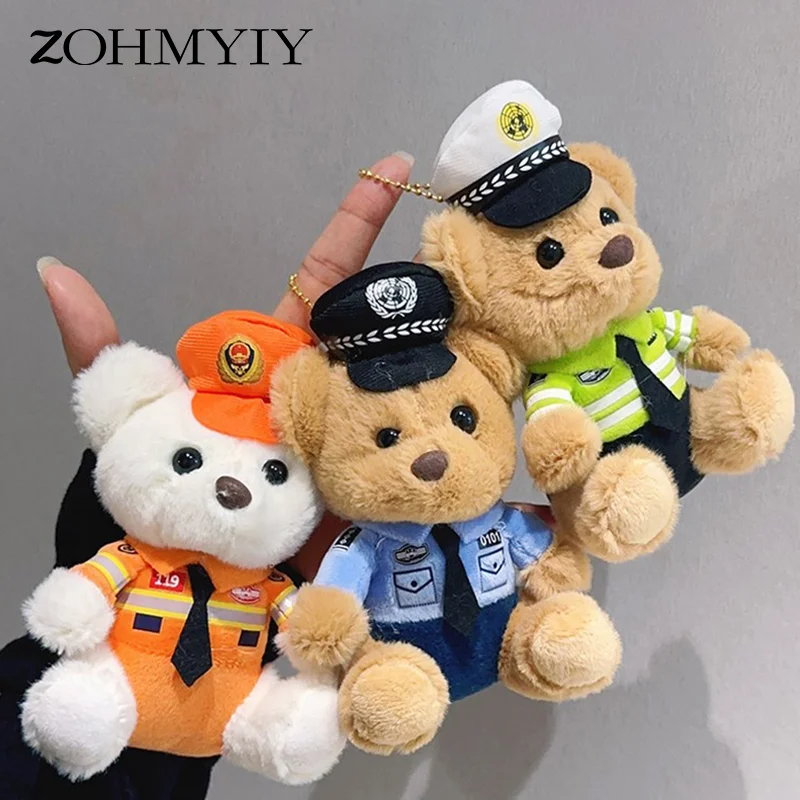 New Model Net Red Traffic Police Bear Pendant Lifelike Plush Toy Doll Cute Fire Police Bag Pendant Keychain Doll Kids Gift