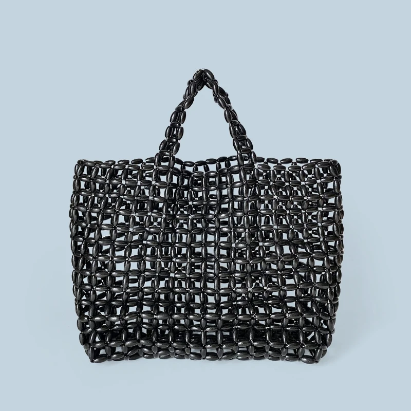 

Fashion Hollow Out Design Hand-woven Wooden Bead HandBag Summer Vacation Travel Beach Bag Large Capacity Chic Clutch Bag