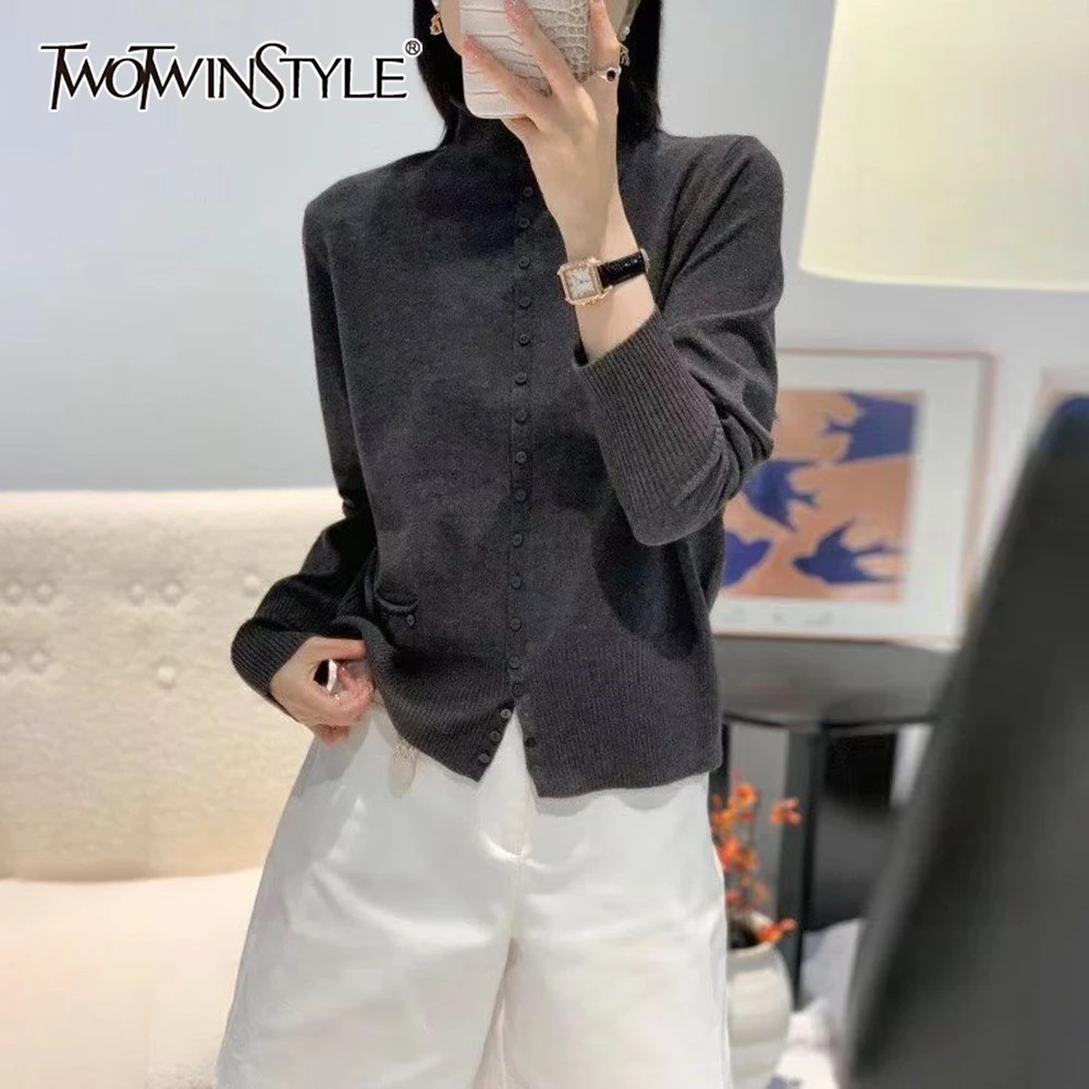 

TWOTWINSTYLE Solid Spliced Single Breasted Sweater Female Turtleneck Long Sleeve Loose Korean Minimalist Women's Sweaters Autumn