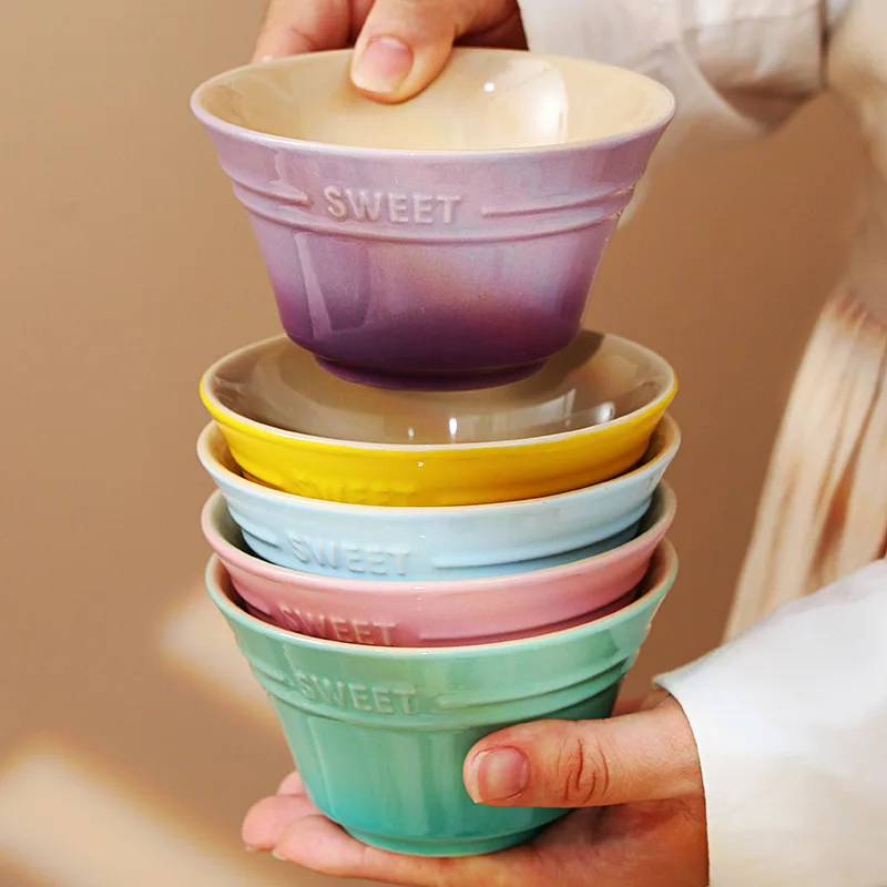 

American gradient rainbow color ceramic bowl LC rice bowl cool color home tableware INS cute steamed egg bowl small soup bowl