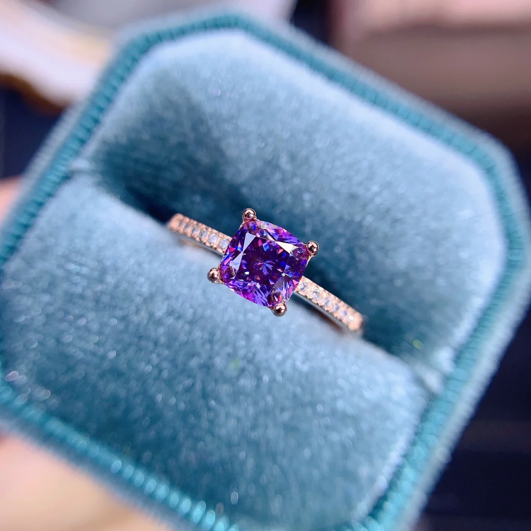 

Cushion Cut 1ct Purple Moissanite Engagement Ring 925 Sterling Silver Women Ring For Gift