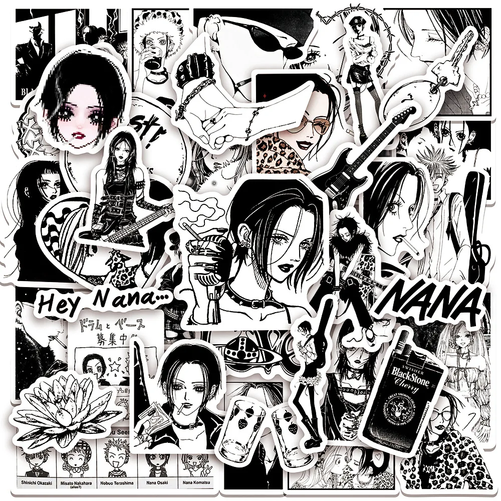 50 Pieces Black & White Nana Anime Stickers, Waterproof Decor Decals for Motorcycle Helmets, Journals, Water Cups & Phone Cases
