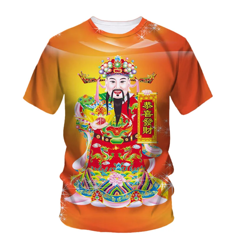 جديد ثلاثية الأبعاد إله الثروة الطباعة تي شيرت السنة الصينية الجديدة الجرافيك تي شيرت للرجال طفل موضة كول الشارع الشهير ملابس قصيرة الأكمام