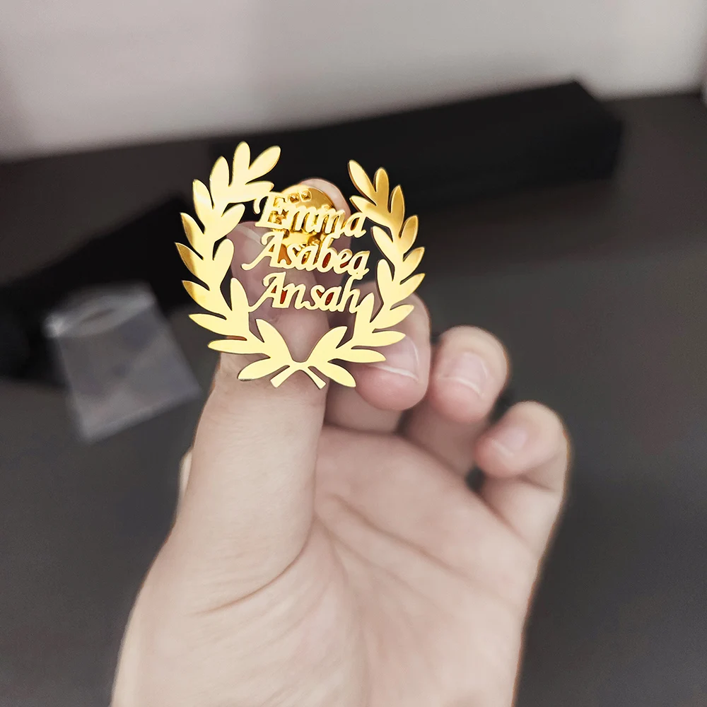 Customized Men Women Name Letter Logo Wheat Leaf Ear Design Brooch Stainless Steel Personalized nameplate Brooch Perfect Gift view 5