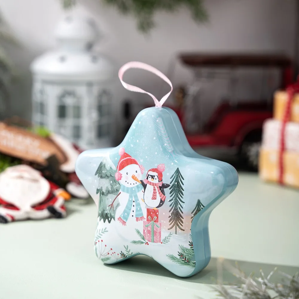 

Multi-Functional Christmas Tin Box Cartoon Design with Rope Star Shaped Box Sweet Elegant Style Christmas Gift Box Candy Storage