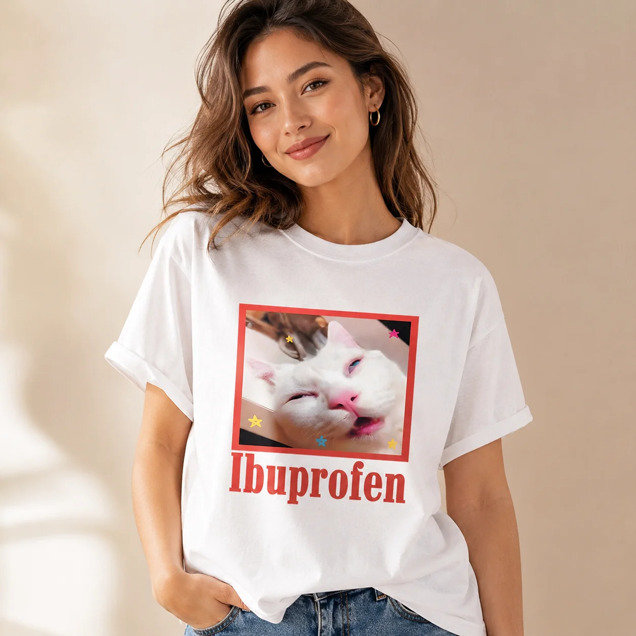 Ibuprofen Cat Model T-shirt Fun Cat Pattern T-shirt Cute Cat Lover Cotton T-shirt Casual Fun T-shirt Neutral Extra Large T-shirt