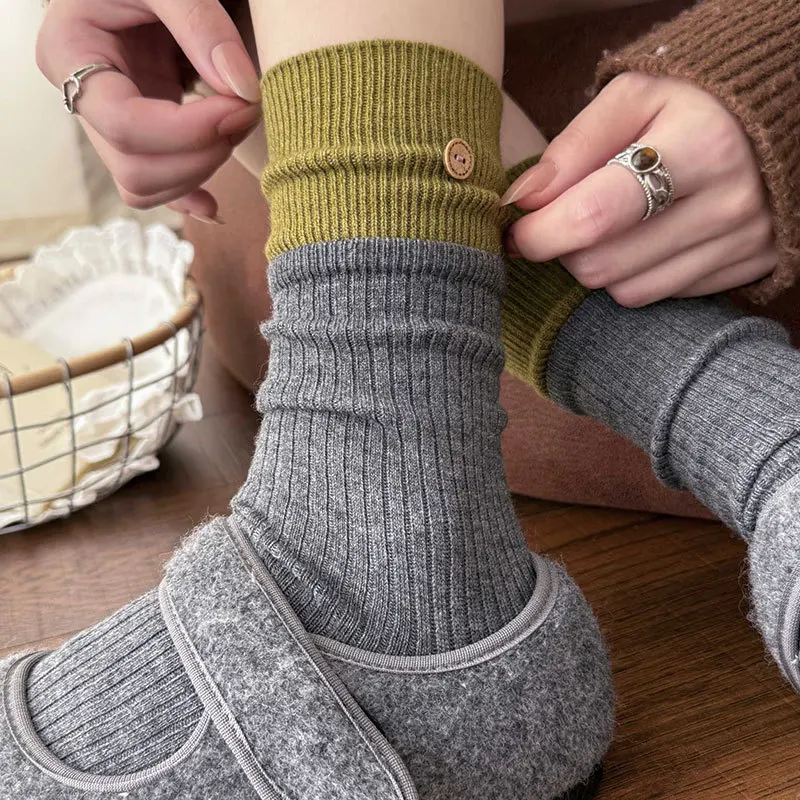 Women's Buttoned Warm Wool Mid-Calf Socks - Comfortable Korean-style Patched Buttoned Socks - Thick Winter Autumn Long Socks