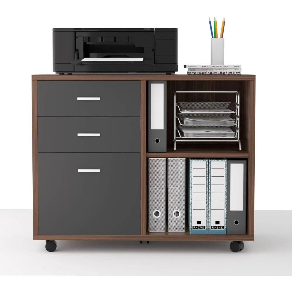 خزانة ملفات جانبية متنقلة ذات 3 أدراج مع حامل طابعة للمكتب المنزلي - لمسة نهائية من خشب الجوز والرمادي الداكن #2