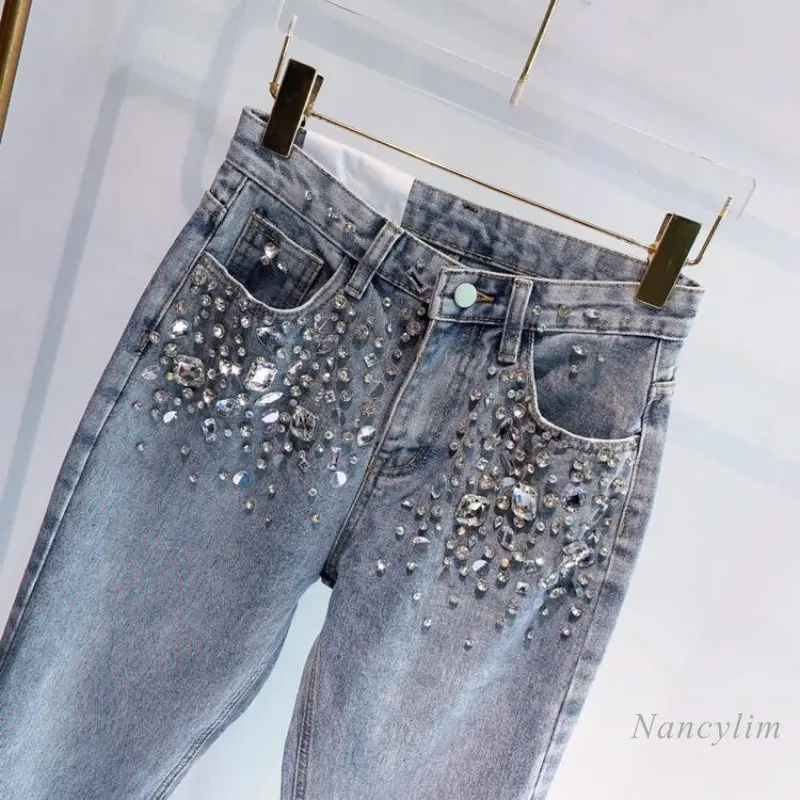 European Fashion New Heavy Industry Full Diamond Rhinestone Flash Denim Pants Women\'s Jeans Blue 2023 Spring Summer