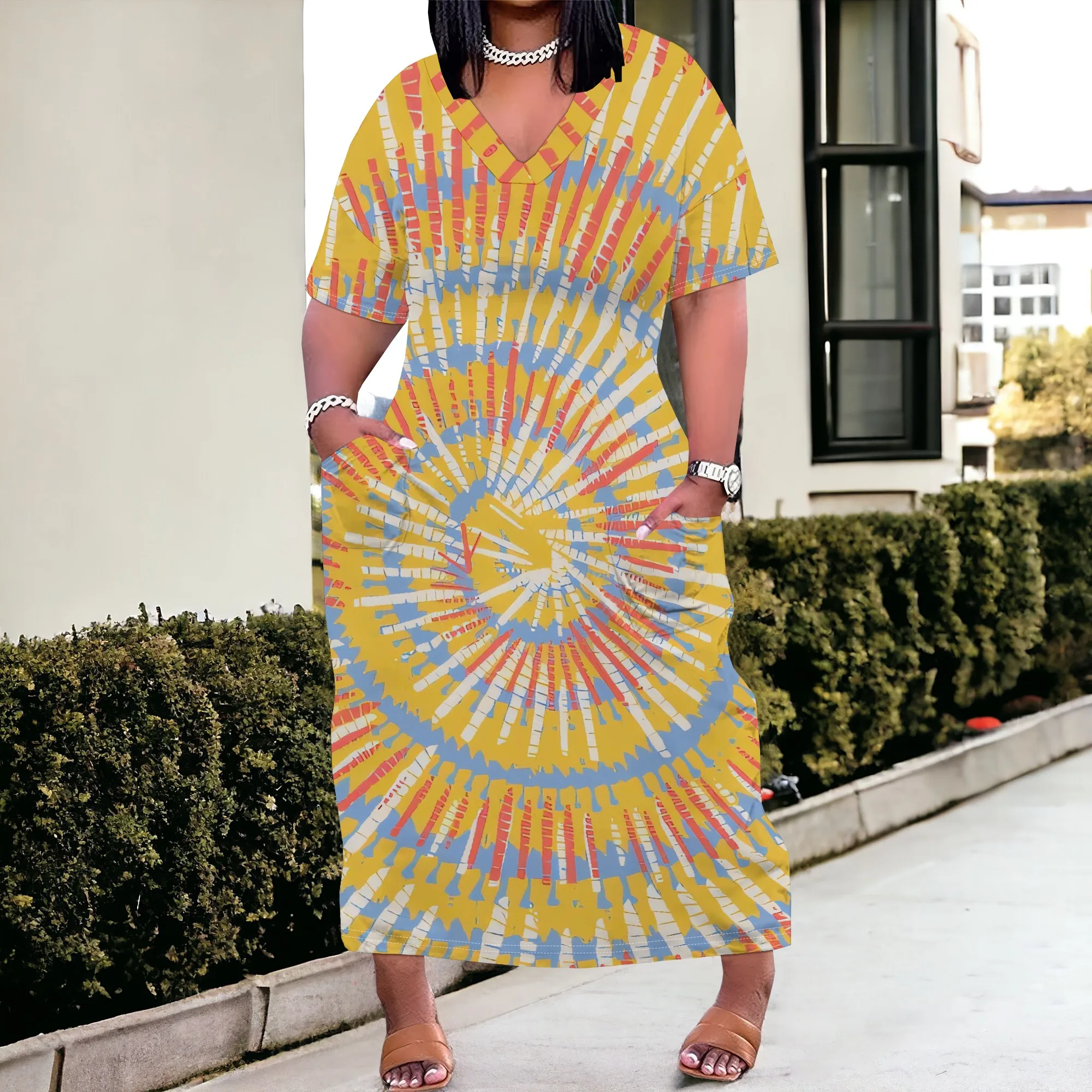 

Nupusa Plus Size Maxi Dress, Tie - Dye Print, V - Neck Short - Sleeve with Pockets, Casual Loose Dress
